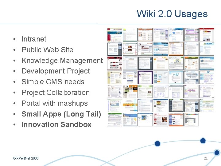 Wiki 2. 0 Usages • • • Intranet Public Web Site Knowledge Management Development