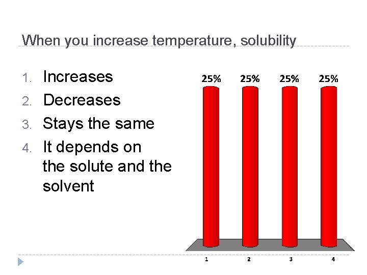 When you increase temperature, solubility 1. 2. 3. 4. Increases Decreases Stays the same