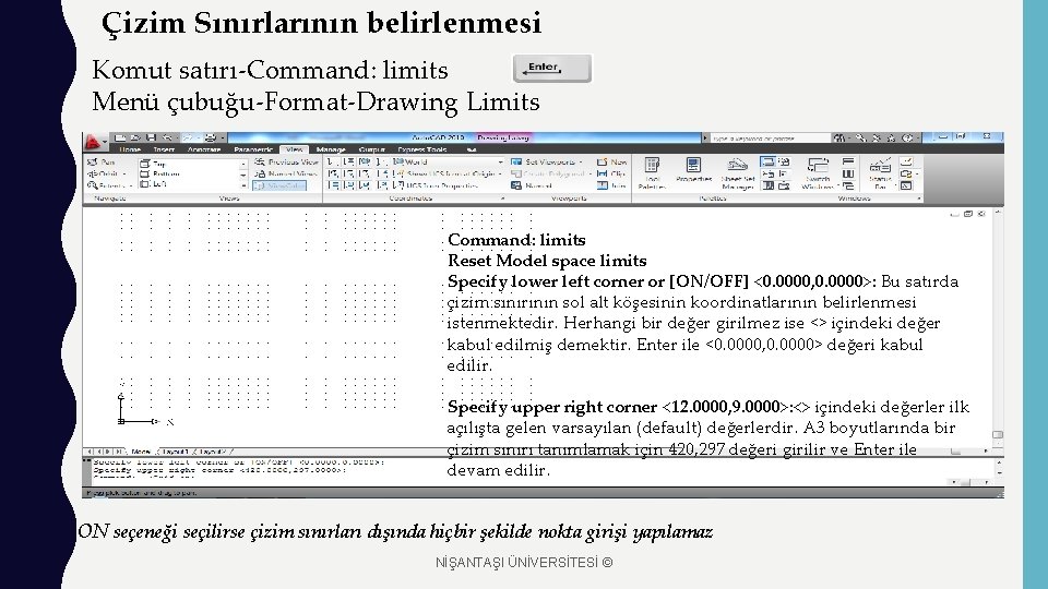 Çizim Sınırlarının belirlenmesi Komut satırı-Command: limits Menü çubuğu-Format-Drawing Limits Command: limits Reset Model space