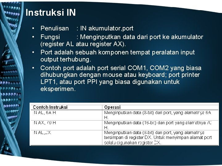 Instruksi IN • Penulisan : IN akumulator, port • Fungsi : Menginputkan data dari