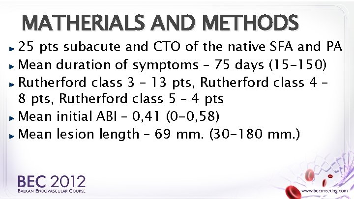 MATHERIALS AND METHODS 25 pts subacute and CTO of the native SFA and PA