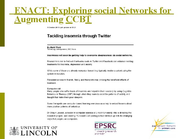 ENACT: Exploring social Networks for Augmenting CCBT 