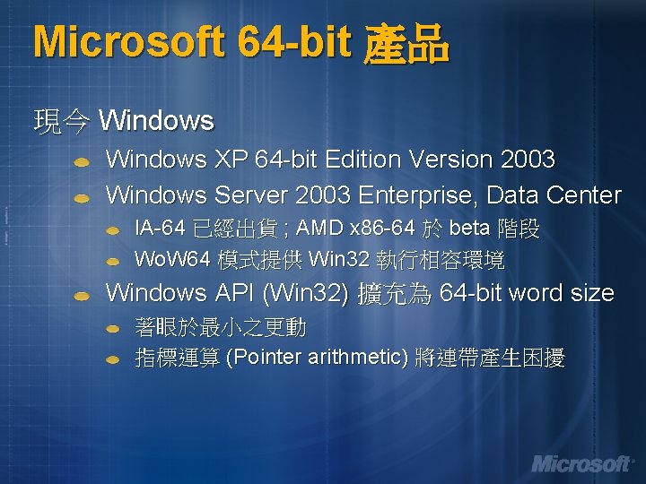 Microsoft 64 -bit 產品 現今 Windows XP 64 -bit Edition Version 2003 Windows Server Microsoft 64 -bit 產品 現今 Windows XP 64 -bit Edition Version 2003 Windows Server