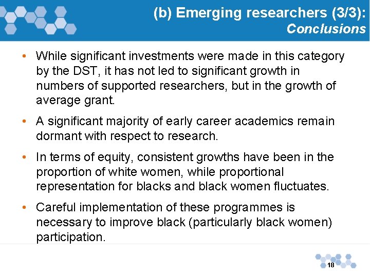 (b) Emerging researchers (3/3): Conclusions • While significant investments were made in this category