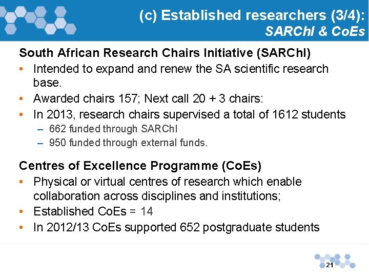 (c) Established researchers (3/4): SARCh. I & Co. Es South African Research Chairs Initiative