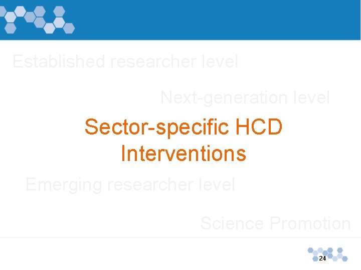 Established researcher level Next-generation level Sector-specific HCD Interventions Emerging researcher level Science Promotion 24