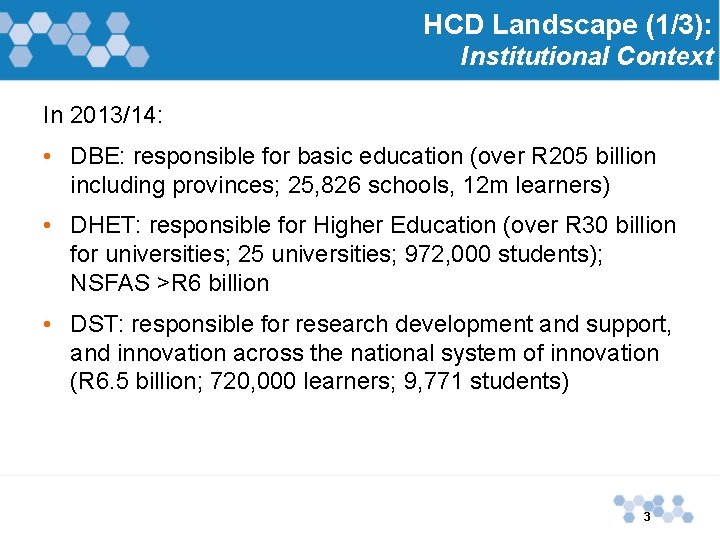 HCD Landscape (1/3): Institutional Context In 2013/14: • DBE: responsible for basic education (over