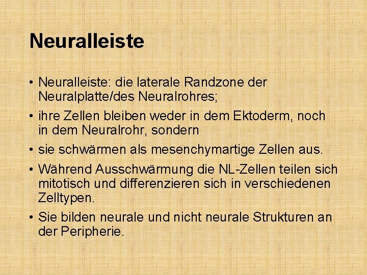 Neuralleiste • Neuralleiste: die laterale Randzone der Neuralplatte/des Neuralrohres; • ihre Zellen bleiben weder