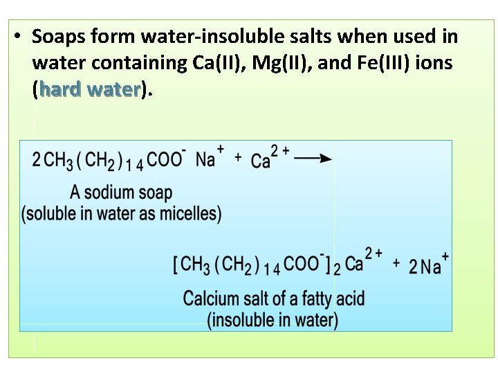  • Soaps form water-insoluble salts when used in water containing Ca(II), Mg(II), and