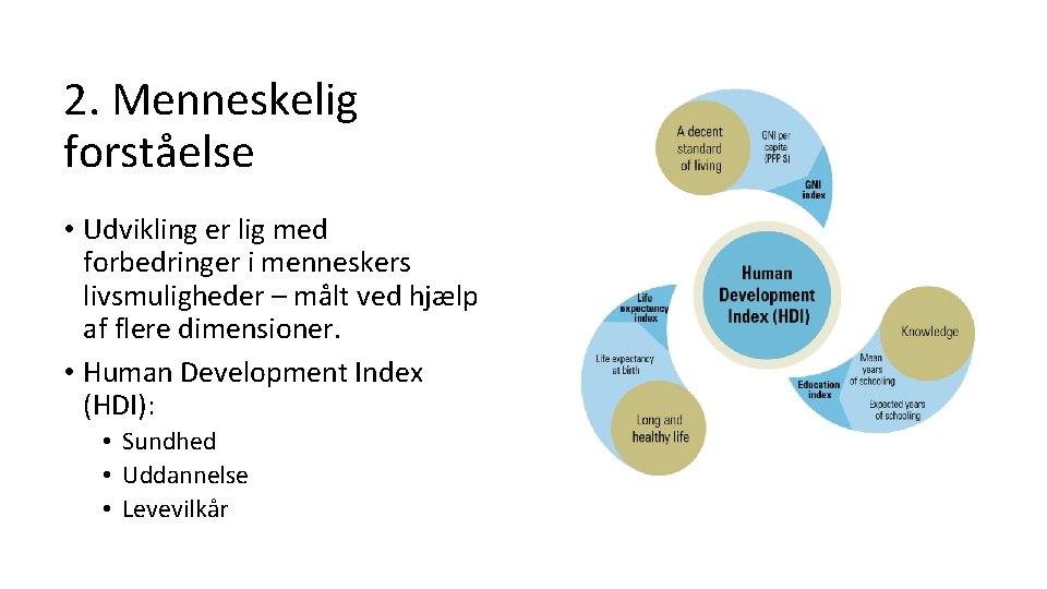 2. Menneskelig forståelse • Udvikling er lig med forbedringer i menneskers livsmuligheder – målt