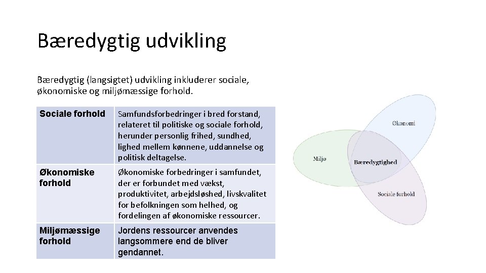 Bæredygtig udvikling Bæredygtig (langsigtet) udvikling inkluderer sociale, økonomiske og miljømæssige forhold. Sociale forhold Samfundsforbedringer