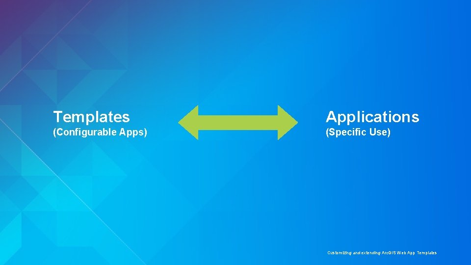 Templates Applications (Configurable Apps) (Specific Use) Customizing and extending Arc. GIS Web App Templates Templates Applications (Configurable Apps) (Specific Use) Customizing and extending Arc. GIS Web App Templates
