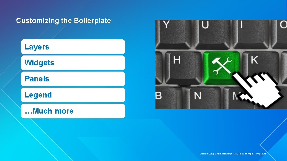 Customizing the Boilerplate Layers Widgets Panels Legend …Much more Customizing and extending Arc. GIS Customizing the Boilerplate Layers Widgets Panels Legend …Much more Customizing and extending Arc. GIS