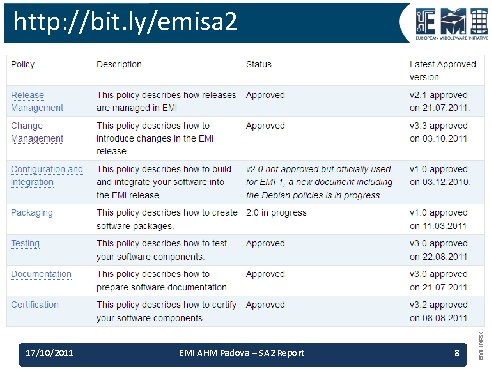 17/10/2011 EMI AHM Padova – SA 2 Report 8 EMI INFSO-RI-261611 http: //bit. ly/emisa