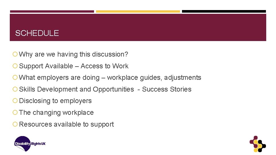 SCHEDULE Why are we having this discussion? Support Available – Access to Work What