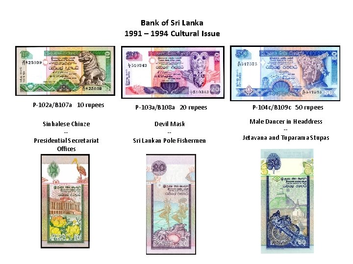 Bank of Sri Lanka 1991 – 1994 Cultural Issue P-102 a/B 107 a 10