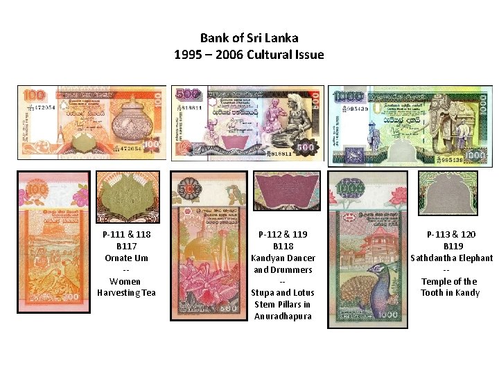 Bank of Sri Lanka 1995 – 2006 Cultural Issue P-111 & 118 B 117