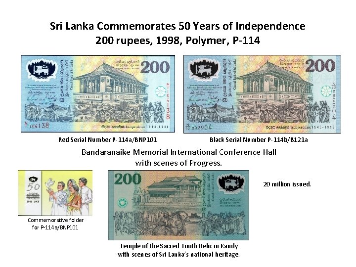 Sri Lanka Commemorates 50 Years of Independence 200 rupees, 1998, Polymer, P-114 Red Serial