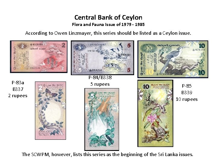 Central Bank of Ceylon Flora and Fauna Issue of 1979 - 1985 According to