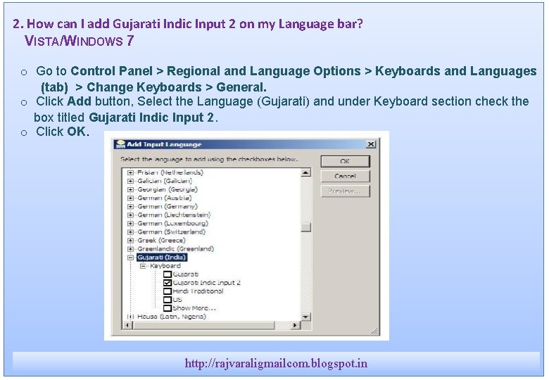 2. How can I add Gujarati Indic Input 2 on my Language bar? VISTA/WINDOWS