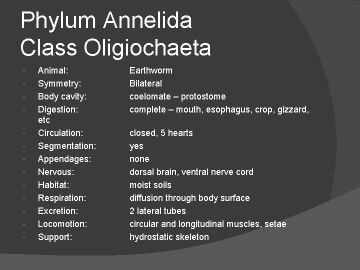 Phylum Annelida Class Oligiochaeta Animal: Symmetry: Body cavity: Digestion: etc Circulation: Segmentation: Appendages: Nervous: