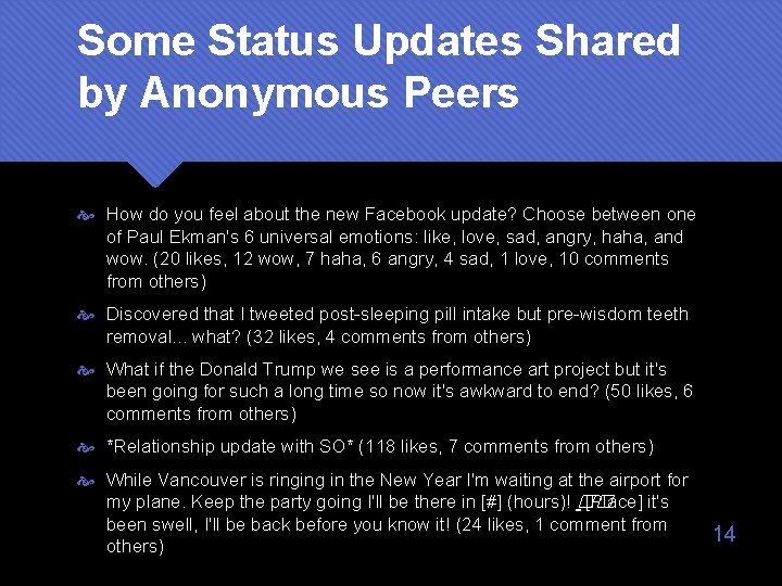Some Status Updates Shared by Anonymous Peers How do you feel about the new
