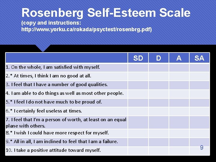 Rosenberg Self-Esteem Scale (copy and instructions: http: //www. yorku. ca/rokada/psyctest/rosenbrg. pdf) SD D A