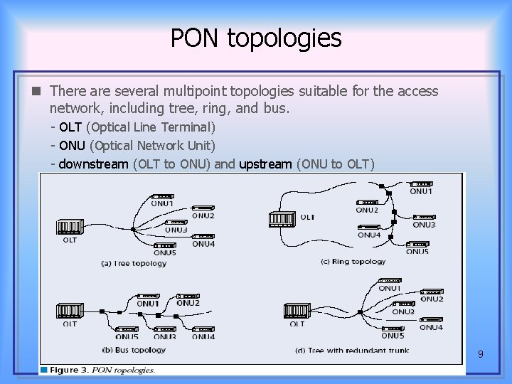 PON topologies n There are several multipoint topologies suitable for the access network, including