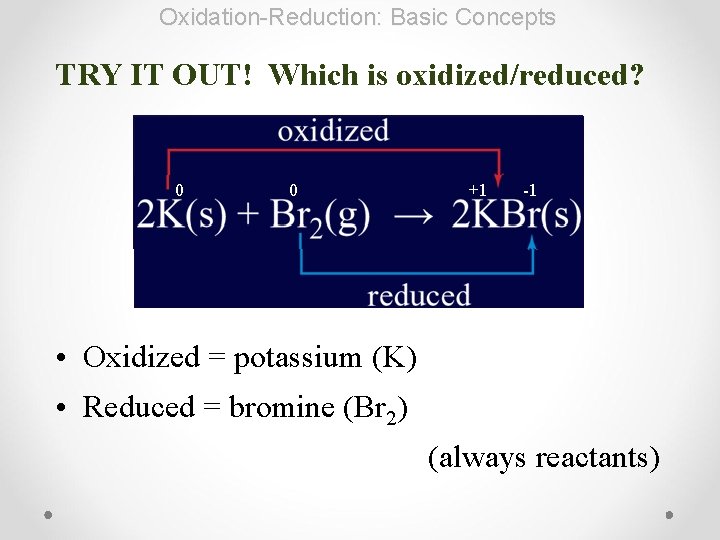 Oxidation-Reduction: Basic Concepts TRY IT OUT! Which is oxidized/reduced? 0 0 +1 -1 •