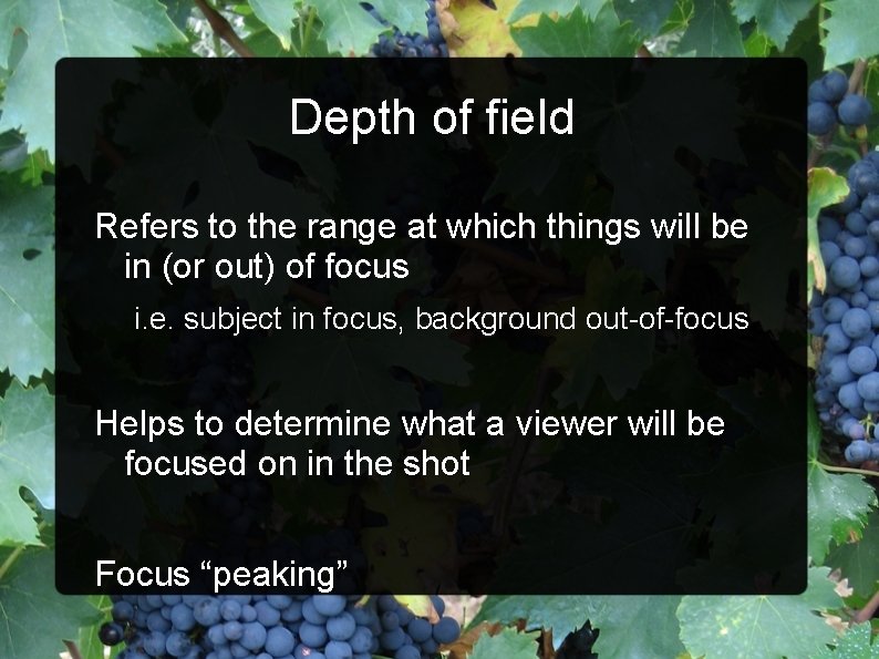 Depth of field Refers to the range at which things will be in (or