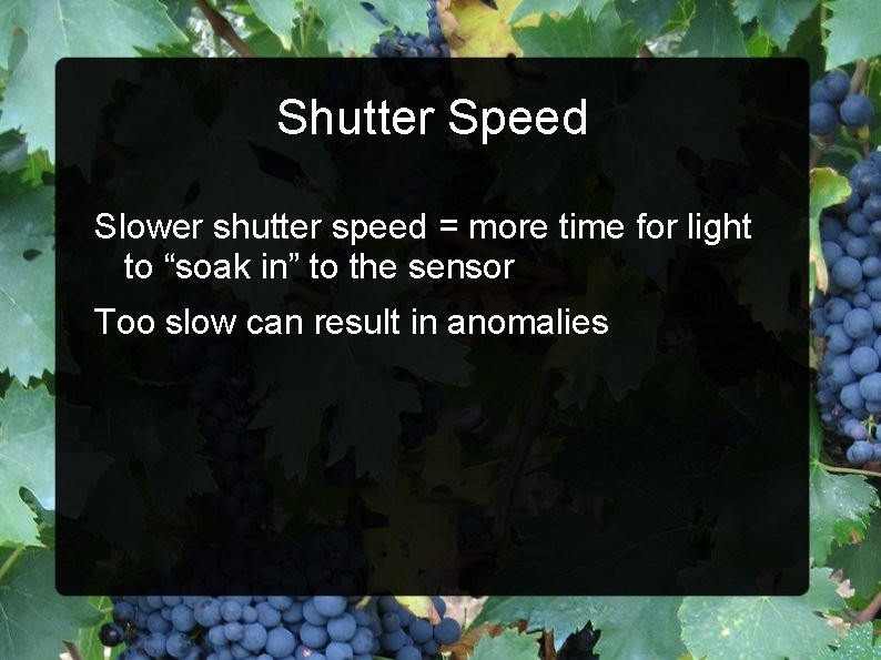 Shutter Speed Slower shutter speed = more time for light to “soak in” to