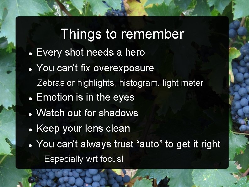 Things to remember Every shot needs a hero You can't fix overexposure Zebras or