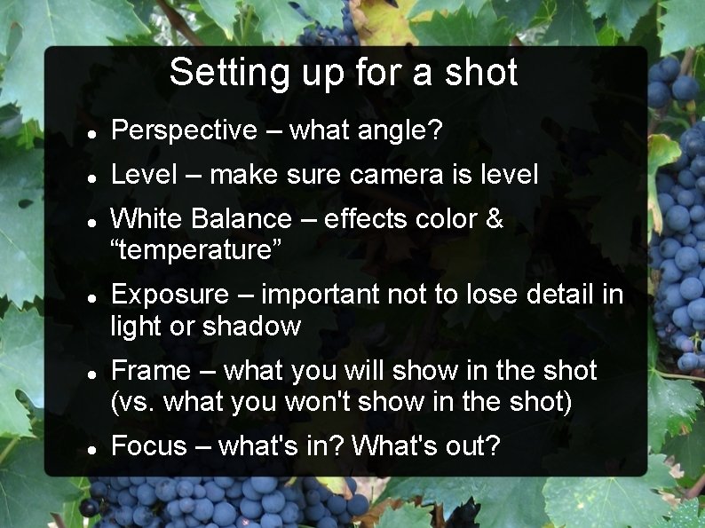 Setting up for a shot Perspective – what angle? Level – make sure camera