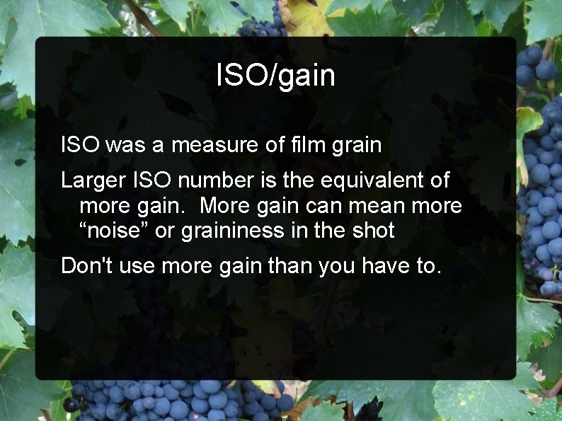 ISO/gain ISO was a measure of film grain Larger ISO number is the equivalent
