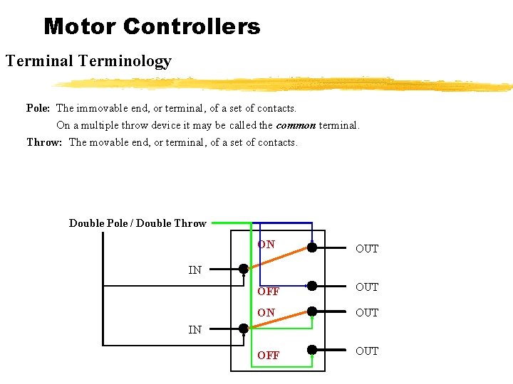 Motor Controllers Terminal Terminology Pole: The immovable end, or terminal, of a set of