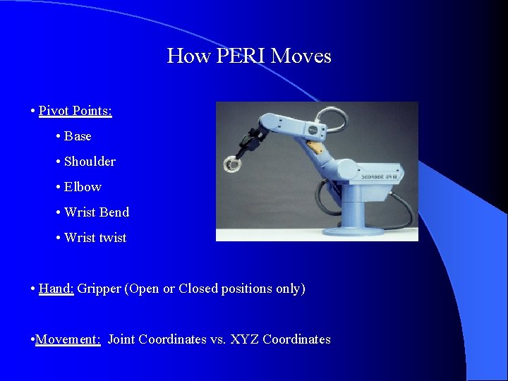 How PERI Moves • Pivot Points: • Base • Shoulder • Elbow • Wrist