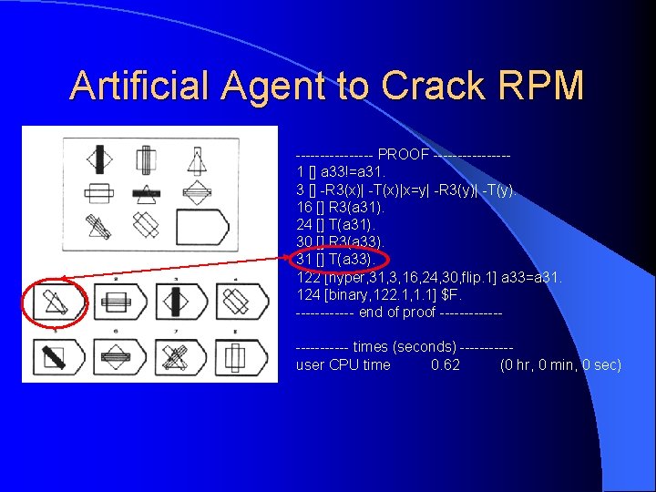 Artificial Agent to Crack RPM -------- PROOF --------1 [] a 33!=a 31. 3 []