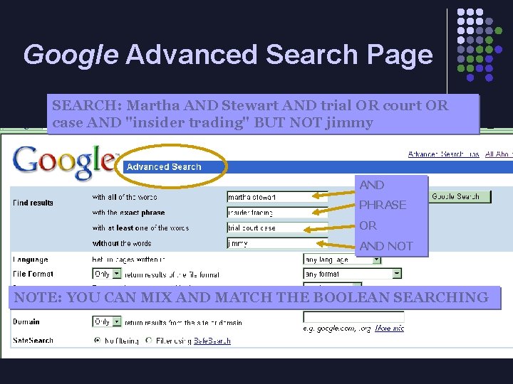 Google Advanced Search Page SEARCH: Martha AND Stewart AND trial OR court OR case