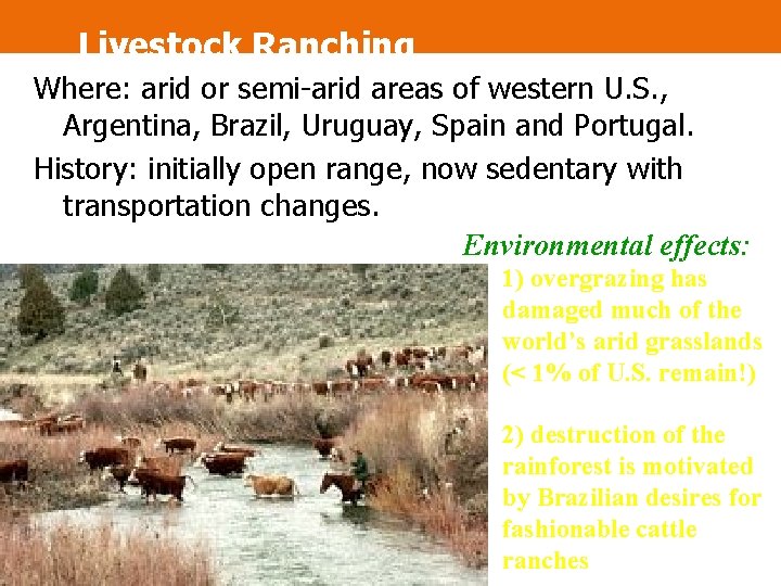 Livestock Ranching Where: arid or semi-arid areas of western U. S. , Argentina, Brazil,