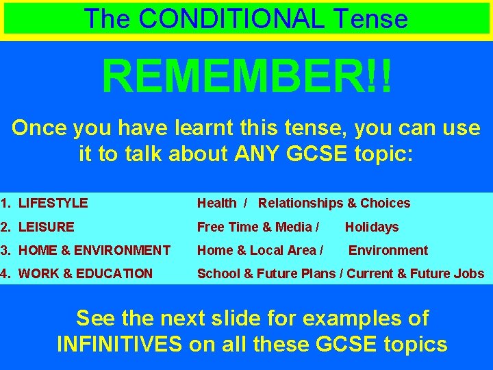 The CONDITIONAL Tense REMEMBER!! Once you have learnt this tense, you can use it