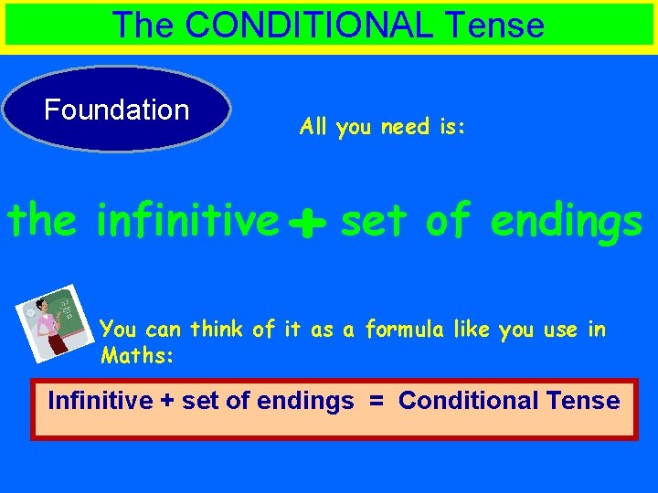 The CONDITIONAL Tense Foundation the infinitive All you need is: + set of endings