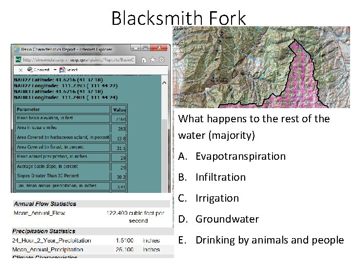 Blacksmith Fork What happens to the rest of the water (majority) A. Evapotranspiration B.