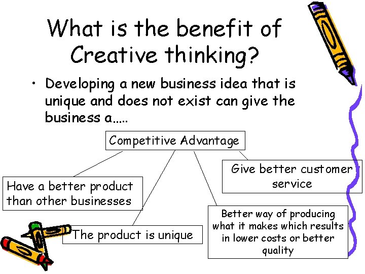 What is the benefit of Creative thinking? • Developing a new business idea that