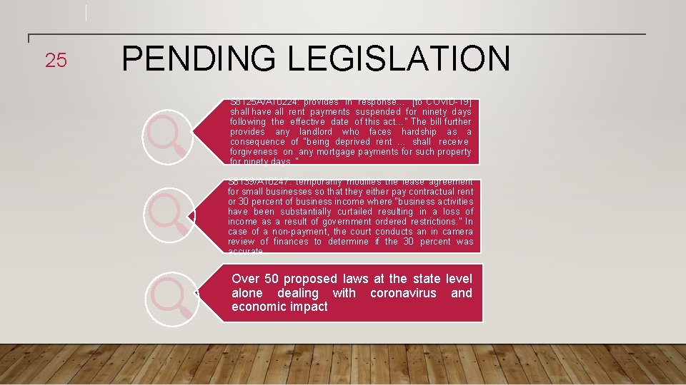 25 PENDING LEGISLATION S 8125 A/A 10224: provides “in response… [to COVID-19] shall have