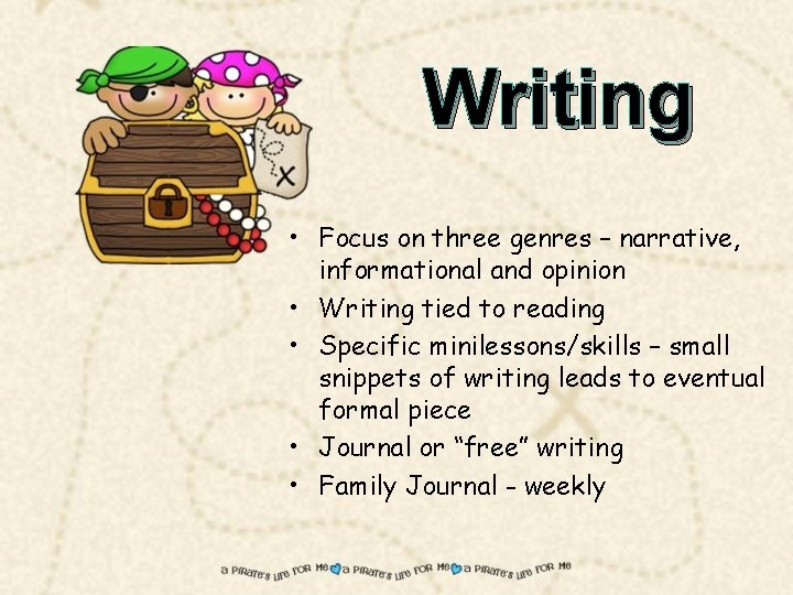 Writing • Focus on three genres – narrative, informational and opinion • Writing tied