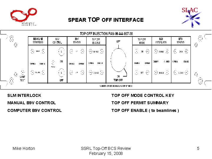 SPEAR TOP OFF INTERFACE SLM INTERLOCK TOP OFF MODE CONTROL KEY MANUAL B 9