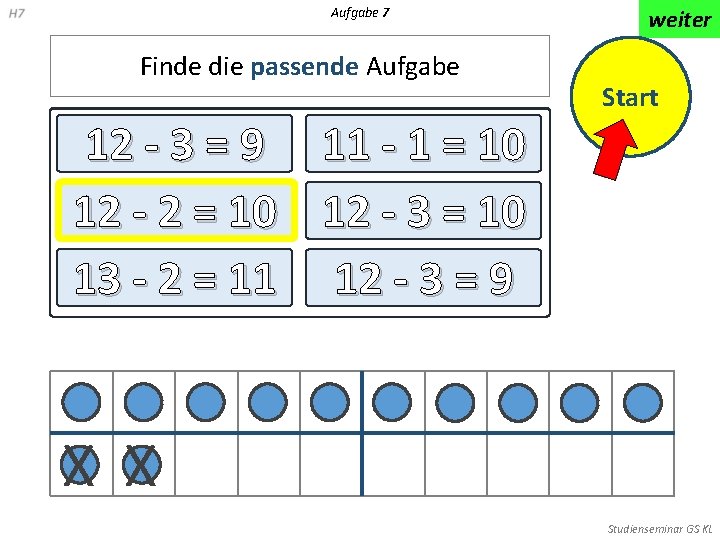 Aufgabe 7 Finde die passende Aufgabe 12 - 3 = 9 12 - 2