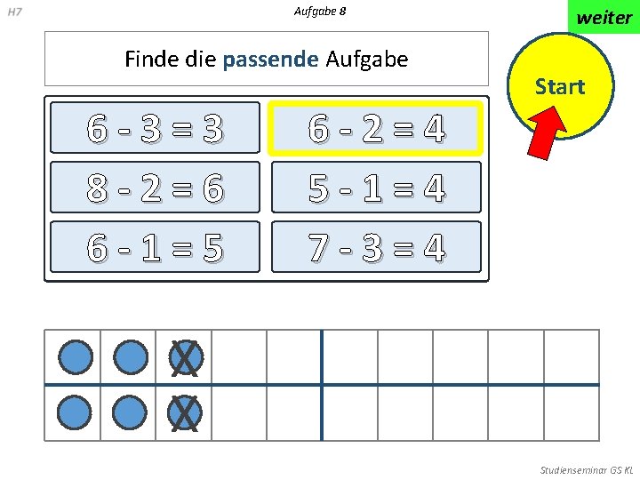 Aufgabe 8 Finde die passende Aufgabe 6 -3=3 8 -2=6 6 -1=5 weiter Start