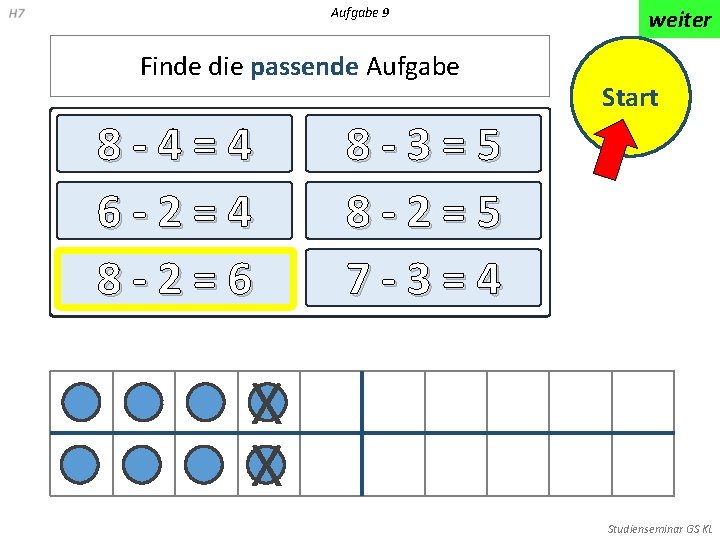 Aufgabe 9 Finde die passende Aufgabe 8 -4=4 6 -2=4 8 -2=6 weiter Start