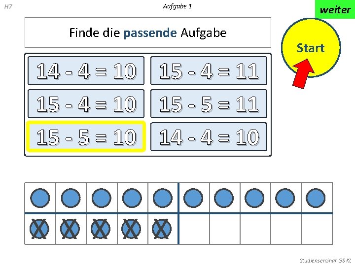 Aufgabe 1 Finde die passende Aufgabe 14 - 4 = 10 15 - 5